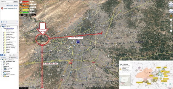 Distância entre os locais de uso das armas químicas e o Palácio Presidencial sírio. Fonte: Tatoott